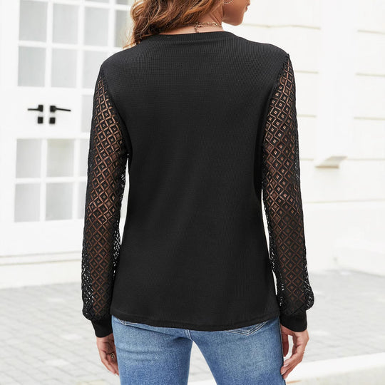 Damen Feinstrick-Pullover mit transparenten Spitzenärmeln und Rundhalsausschnitt Shop Nory