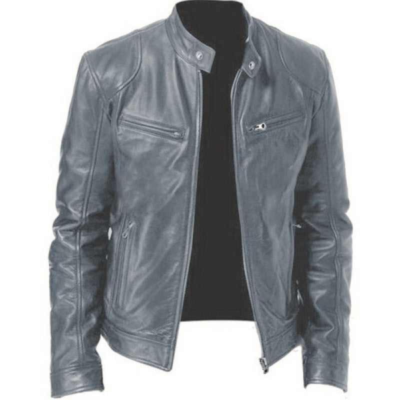 Herren schlanke Echtleder-Bikerjacke mit Stehkragen, zwei Brust-Reißverschlusstaschen und geradliniger Silhouette Shop Nory