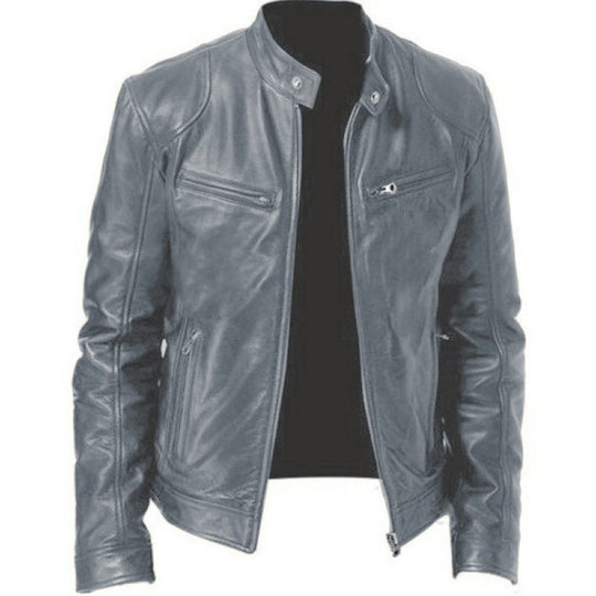 Herren schlanke Echtleder-Bikerjacke mit Stehkragen, zwei Brust-Reißverschlusstaschen und geradliniger Silhouette Shop Nory