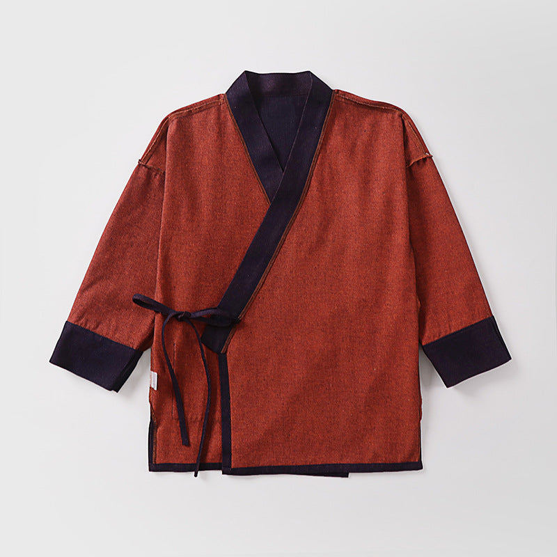 Unisex Leichte Wickel-Kimono-Jacke aus Leinen-Baumwollmix mit Kontrastbesatz und Bindegürtel Shop Nory