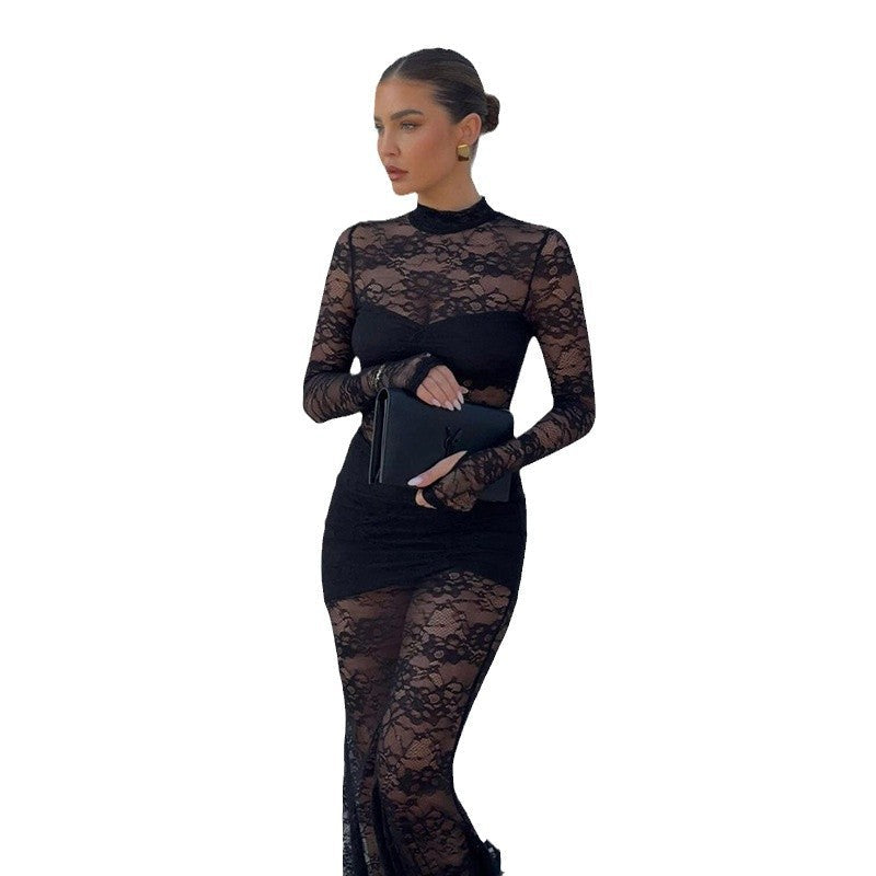 Damen Spitzenmaxikleid mit transparentem Langarmdesign und figurformendem Schnitt