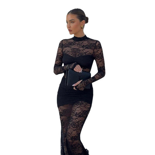 Damen Spitzenmaxikleid mit transparentem Langarmdesign und figurformendem Schnitt