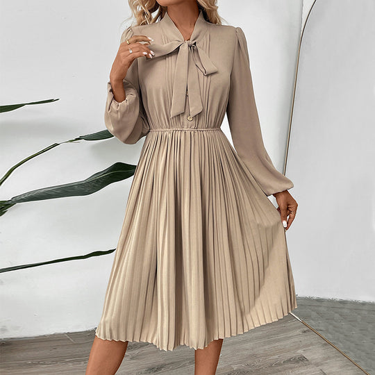 Damen Plissiertes Midikleid mit Schleifenkragen, tailliertem Gummibund und langen Ballonärmeln Shop Nory