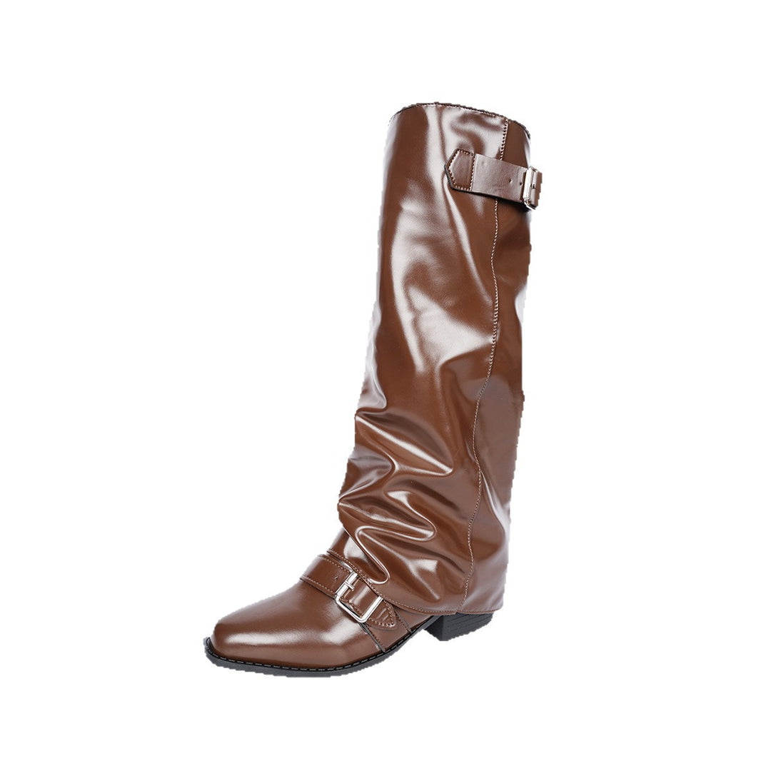 Damen kniehohe Lackstiefel mit Schlupfschaft und verstellbaren Schnallen Shop Nory