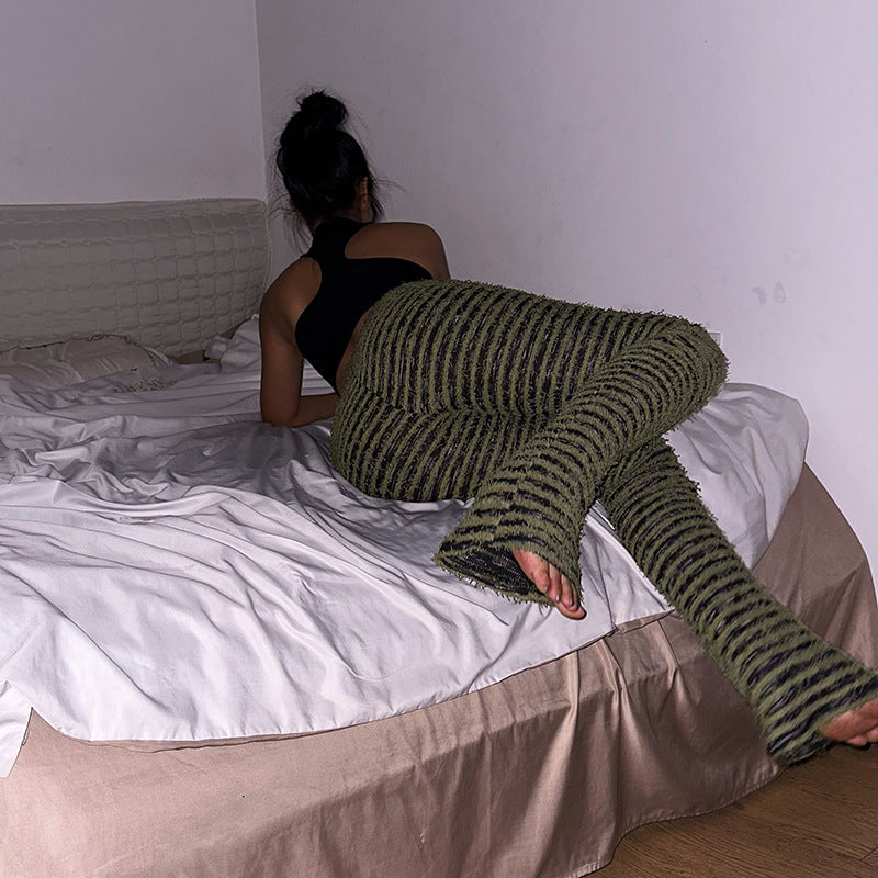 Damen Strukturierte Rippstrick-Hose mit hohem Bund und gerafften Beinenden Shop Nory