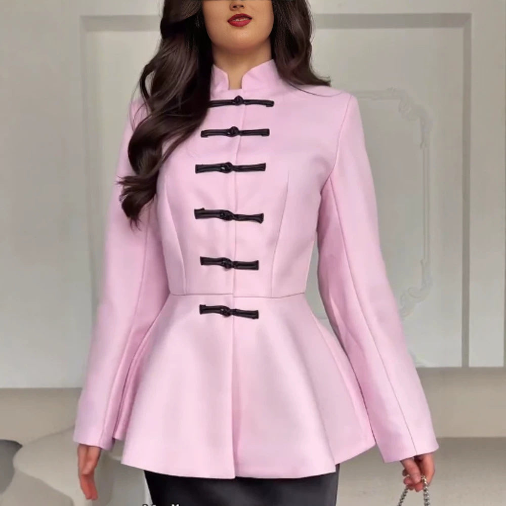 Damen Taillierte Peplum-Jacke mit Stehkragen und dekorativen Knebelverschlüssen Shop Nory