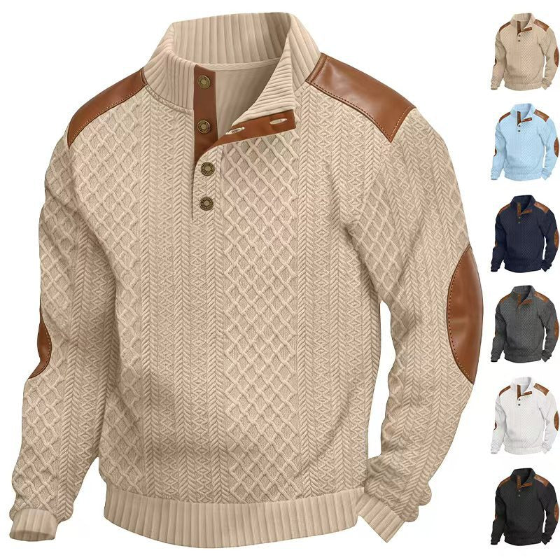 Herren Pullover mit Stehkragen, Zopfmuster und kontrastierenden Lederbesätzen Shop Nory