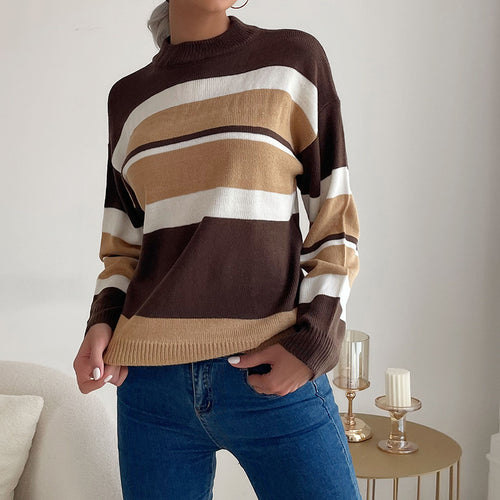 Damen Langärmliger Ringel-Feinstrickpullover mit kurzem Stehkragen und legerer Silhouette Shop Nory