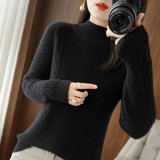 Damen Leichter Mohair‑Look Stehkragenpullover mit Zopf‑Ajour und taillierter Silhouette Shop Nory