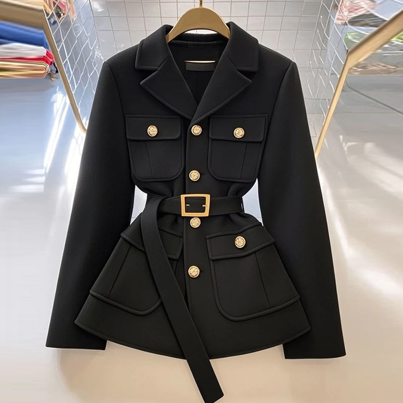 Damen Modischer Blazer mit Taillengürtel und Taschen Shop Nory