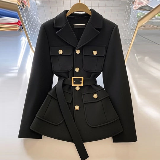 Damen Modischer Blazer mit Taillengürtel und Taschen Shop Nory