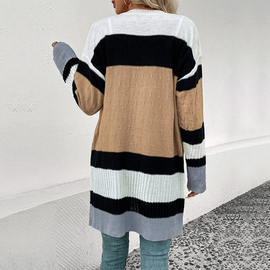 Damen Langer Gestreifter Strickcardigan mit aufgesetzten Taschen und offener Front Shop Nory