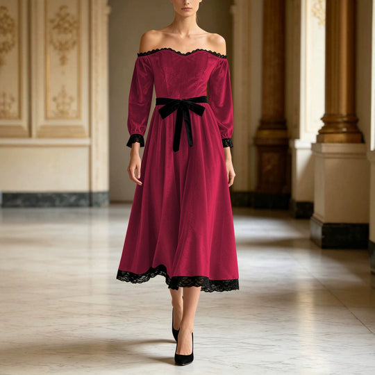 Damen Schulterfreies Samtkleid mit Spitzenbesatz, Samt-Taillengürtel und ausgestelltem Midirock Shop Nory