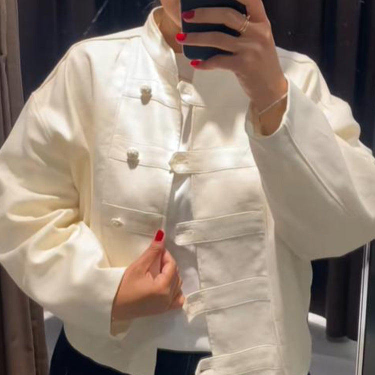 Damen Cropped-Boxy-Jacke mit chinesischem Stehkragen und Zierknopfleiste Shop Nory