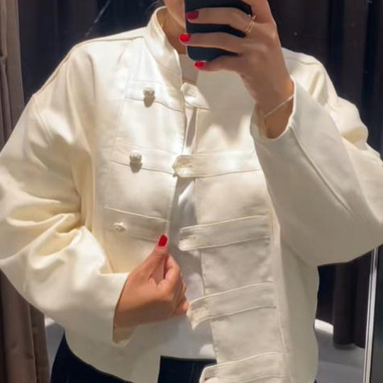 Damen Cropped-Boxy-Jacke mit chinesischem Stehkragen und Zierknopfleiste Shop Nory
