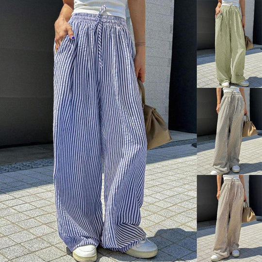 Damen Marlene-Streifenhose aus Leinenmix mit weitem Bein, Elastikbund und Kordelzug Shop Nory