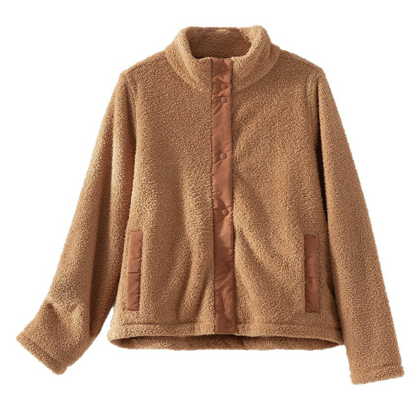 Damen kuschelige Teddy-Fleecejacke mit Stehkragen, Druckknopf-Leiste und kontrastierten Tascheneinfassungen Shop Nory