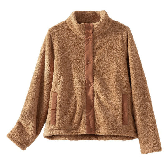 Damen kuschelige Teddy-Fleecejacke mit Stehkragen, Druckknopf-Leiste und kontrastierten Tascheneinfassungen Shop Nory