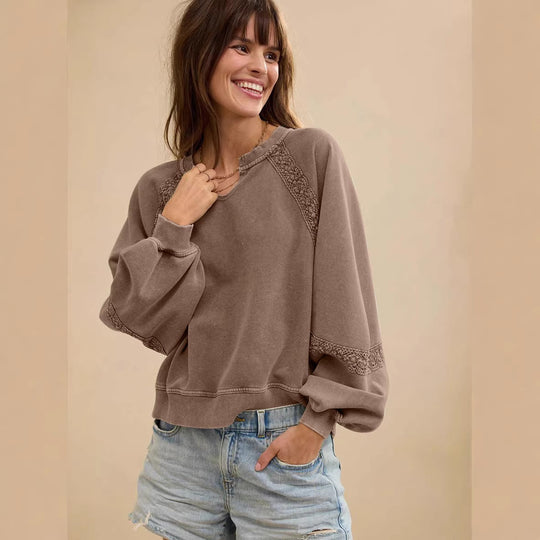 Damen Lässiges Sweatshirt mit V-Notch, Spitzeneinsätzen und Ballonärmeln Shop Nory