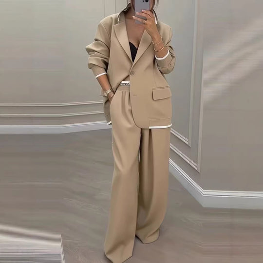 Damen Oversize-Tailoring-Set mit Kontrastpaspel, Single-Button-Blazer und hochgeschnittener Weitbeinhose Shop Nory