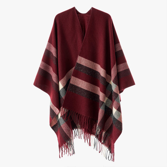 Damen Wollmix-Capeponcho im Oversize-Kimono mit Karomuster und Fransensaum Shop Nory