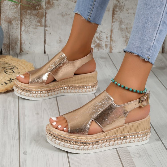 Damen Wedge-Sandaletten mit modischem Glitzer-Riemen und ergonomischem Fußbett Shopnory