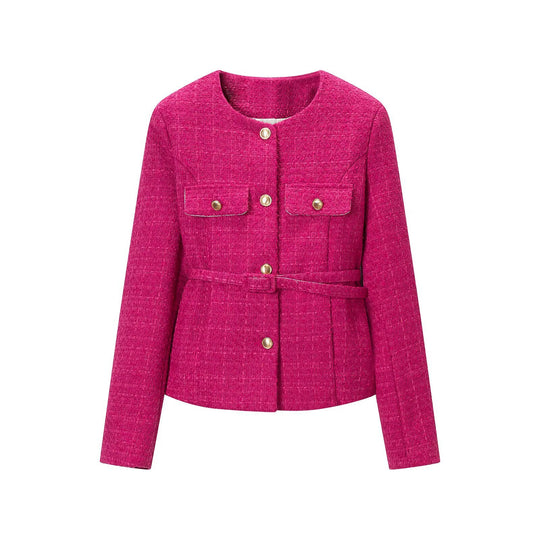 Damen Kurze Bouclé-Jacke mit Taillengürtel, Brustklappen und goldenen Zierknöpfen Shop Nory