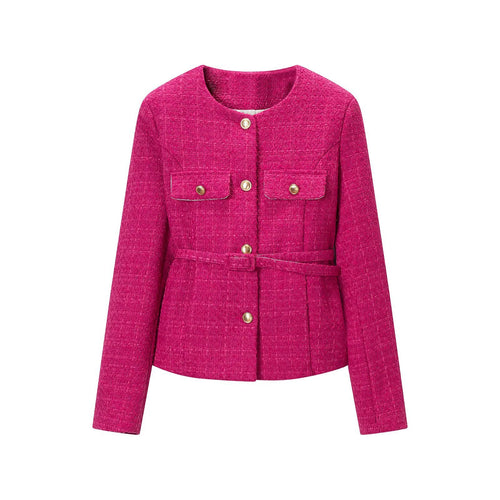 Damen Kurze Bouclé-Jacke mit Taillengürtel, Brustklappen und goldenen Zierknöpfen Shop Nory