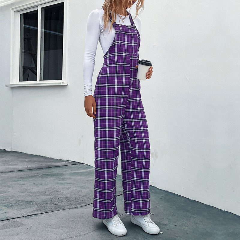 Damen Lässiger Karierter Jumpsuit mit breitem Bein und verstellbaren Trägern Shop Nory