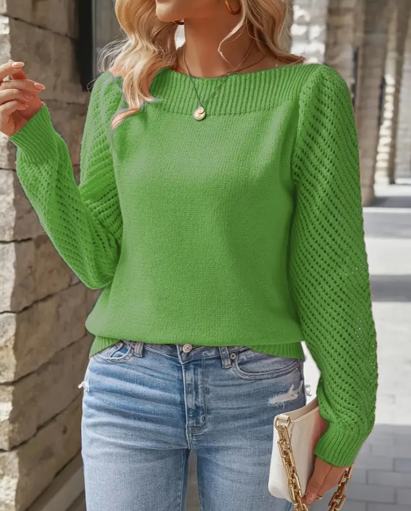 Damen nan feiner Strickpullover mit Ajour- Puffärmeln und U-Boot-Ausschnitt Shop Nory