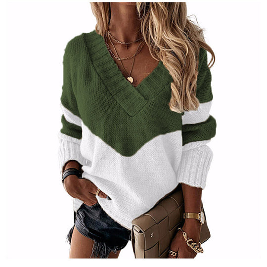 Damen V‑Ausschnitt Strickpullover mit Leo‑Print und Colorblock‑Design Shop Nory
