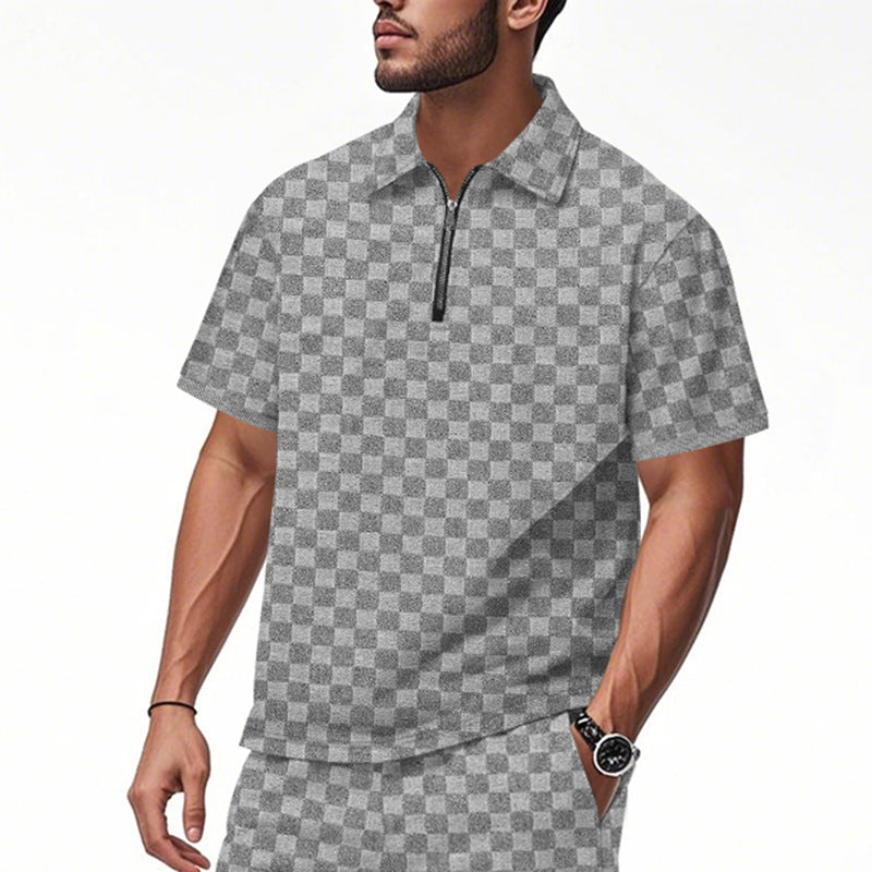 Herren nan kurzes Halbzip-Poloshirt aus strukturierter Waffelpiqué mit Hemdkragen und figurbetonter Passform Shopnory