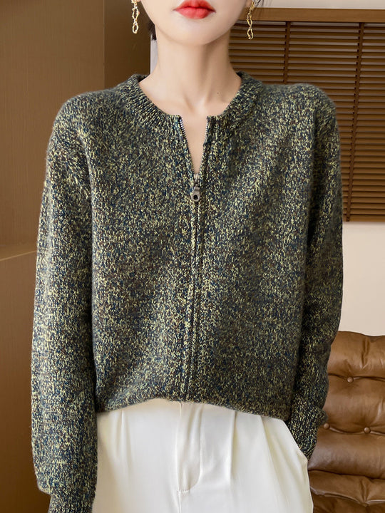 Damen Melierter Reißverschluss-Cardigan mit Zwei-Wege-Zipper und gerippten Bündchen Shop Nory