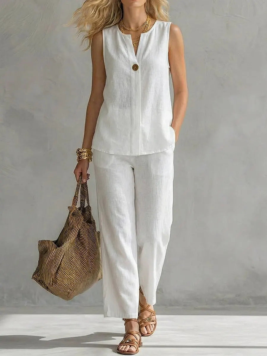 Damen Lässiges zweiteiliges Set mit ärmelloser Bluse und modischen Hosen Shopnory