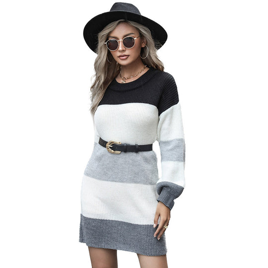Damen gestreiftes Strick-Minikleid mit Ballonärmeln und Taillengürtel Shop Nory