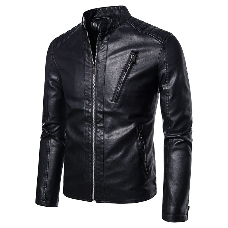 Herren Schlanke Kunstleder-Bikerjacke mit Stehkragen, Steppeinsätzen und Reißverschlusstaschen Shop Nory