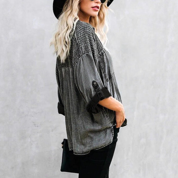 Damen Oversize-Denimbluse mit gesteppter Passe, Knopfleiste und aufgesetzten Brusttaschen Shop Nory