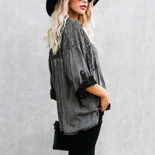 Damen Oversize-Denimbluse mit gesteppter Passe, Knopfleiste und aufgesetzten Brusttaschen Shop Nory