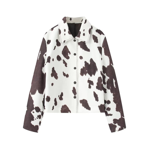 Damen Cropped Hemdjacke im Boxy-Cut mit Kuhflecken-Print und Druckknopfleiste Shop Nory