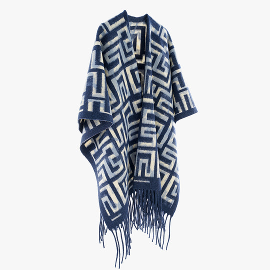 Damen Geometrischer Jacquard-Capeponcho mit Fransen und offenem Fall Shop Nory
