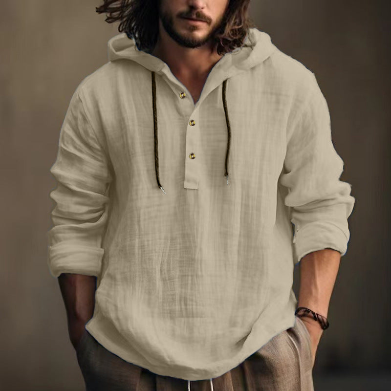 Herren nan leichtes Kapuzen-Henley Leinenhemd mit Knopfleiste und Kordelzug Shop Nory