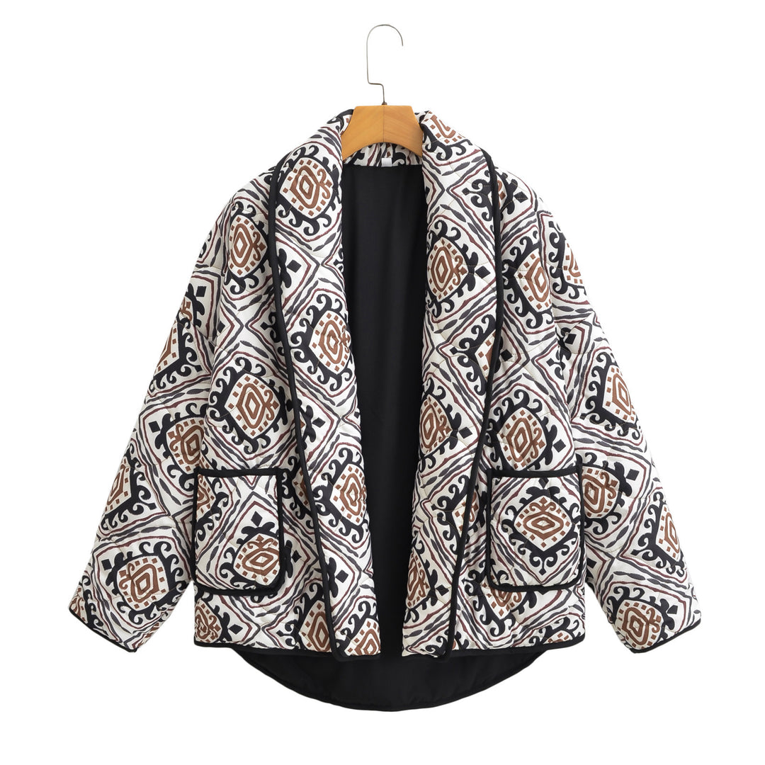 Damen Gesteppte Kimono-Jacke mit Ethno-Print, Kontrastpaspel und aufgesetzten Taschen Shop Nory