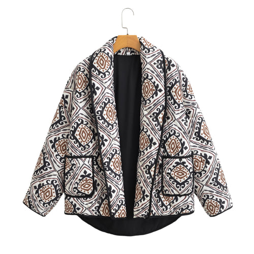 Damen Gesteppte Kimono-Jacke mit Ethno-Print, Kontrastpaspel und aufgesetzten Taschen Shop Nory