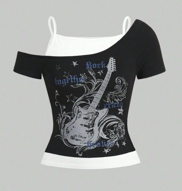Damen Asymmetrisches Rock-T-Shirt mit grafischem Druck