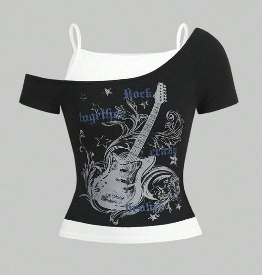 Damen Asymmetrisches Rock-T-Shirt mit grafischem Druck
