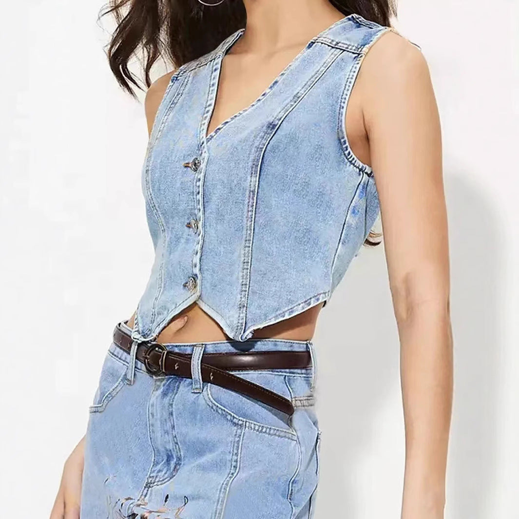 Damen taillierte ärmellose Jeansweste mit V-Ausschnitt Shop Nory