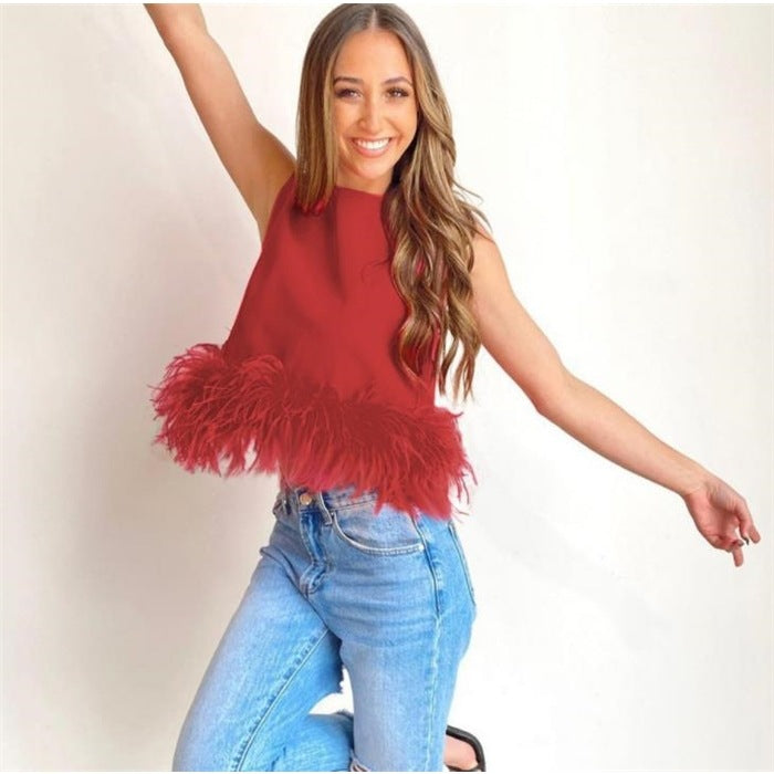 Damen Elegantes Top mit Federn und Rundhalsausschnitt