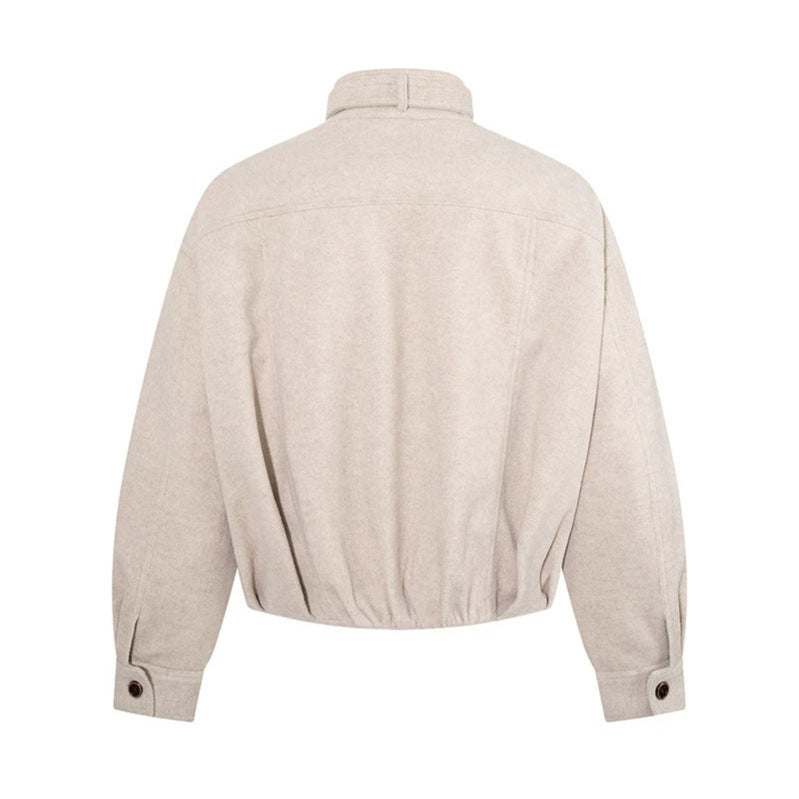 Damen kurze Woll-Bomberjacke mit hohem Stehkragen, Taillengürtel und verdeckter Reißverschluss Shop Nory