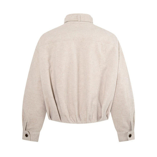 Damen kurze Woll-Bomberjacke mit hohem Stehkragen, Taillengürtel und verdeckter Reißverschluss Shop Nory