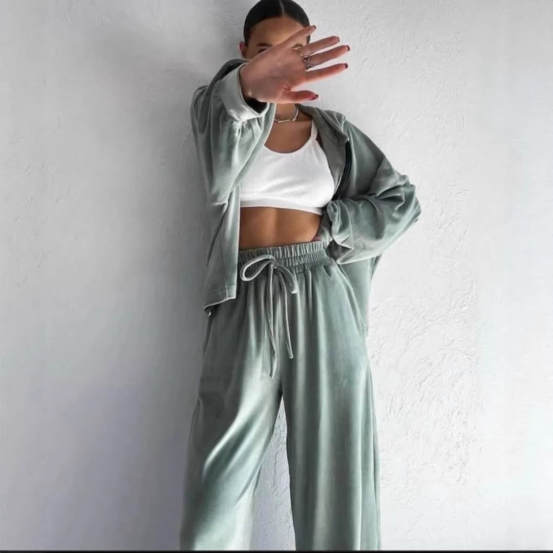 Damen luxuriöses Velours-Lounge-Set mit kurzem Reißverschluss-Hoodie und weitem High-Waist-Hose Shop Nory